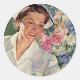 Adesivo Redondo Medicina Antiga, Enfermeira Feliz em Uniforme