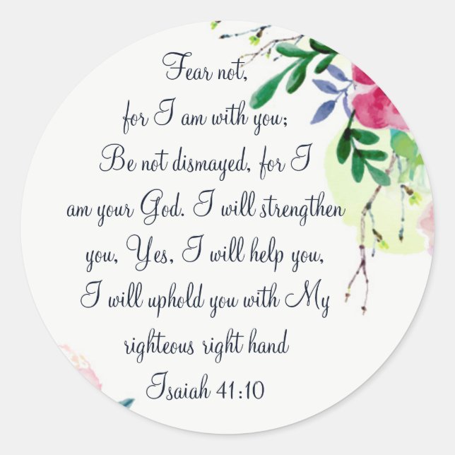 Adesivo Redondo Medo Não, Escritura Isaiah Arte Floral De Aquarela (Frente)