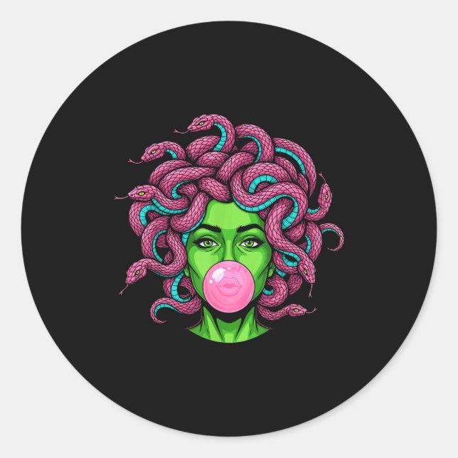 Adesivo Redondo Medusa Blowing Bubblegum P Art Mythology Design  (Frente)