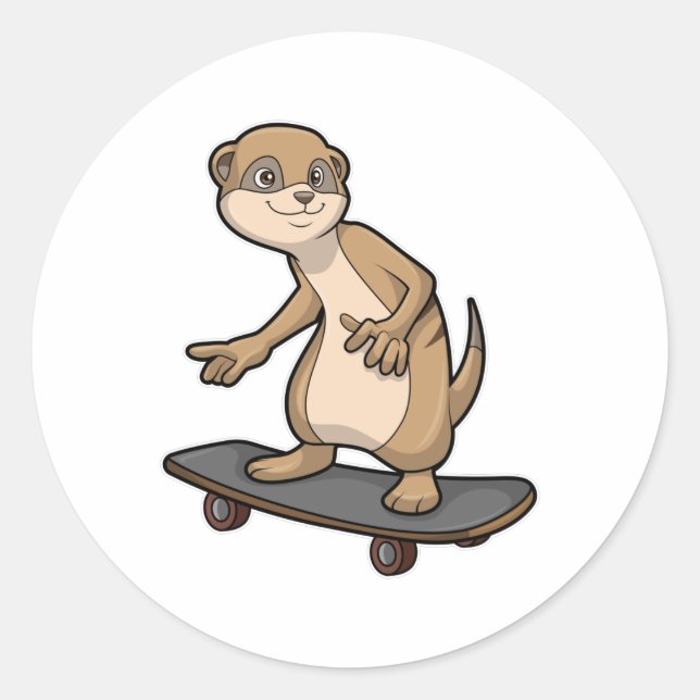 Adesivo Redondo Meerkat como skater com skate (Frente)
