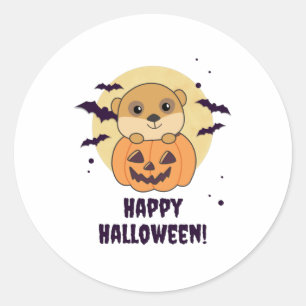 Adesivo Redondo Meerkat Em Pumpkin Cute Animal Feliz Halloween