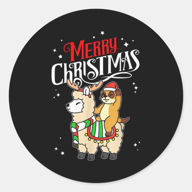 Adesivo Redondo Meerkat Merry Christmas Reindeer Llama Riding Meer (Frente)