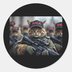 Adesivo Redondo Mega Cat Engraçado Com Rifle - Donald Trump Humoro