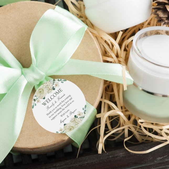 Adesivo Redondo Megan White Floral Wedding Bag de Boas-Vindas (Criador carregado)