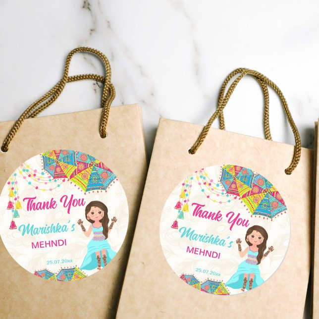 Adesivo Redondo Mehndi rosa azul fofa menina indiana obrigada favo (Mehndi favor stickers pink blue cute Indian girl thank you favor Classic Round Sticker )