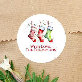 Adesivo Redondo Meia de Natal Aquarela Colorida Personalizada