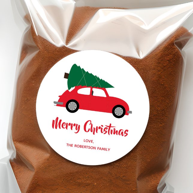 Adesivo Redondo Meio século Árvore de Natal Moderna e Carro Vermel (Criador carregado)