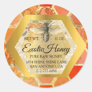 Adesivo Redondo Mel bruto Jar Honeybee Honeycomb Coral Dourado