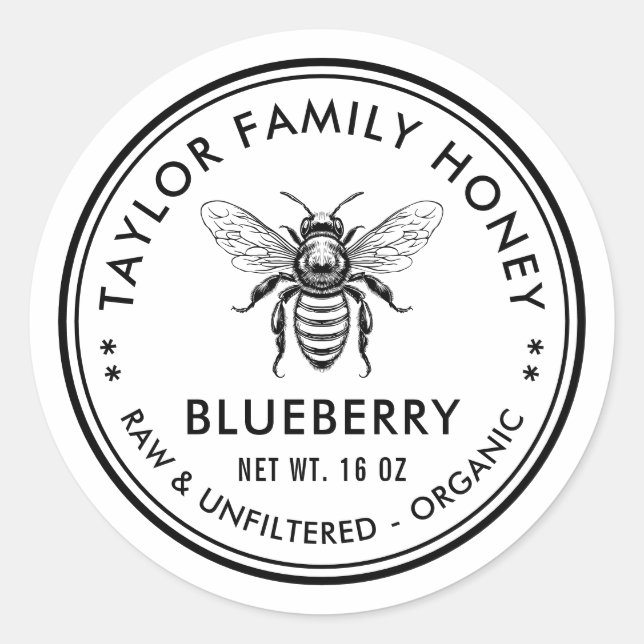 Adesivo Redondo Mel de mirtilo com abelha de mel (Frente)