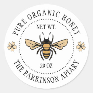 Adesivo Redondo Mel Floral Branco Ilustração Apiary Rótulos
