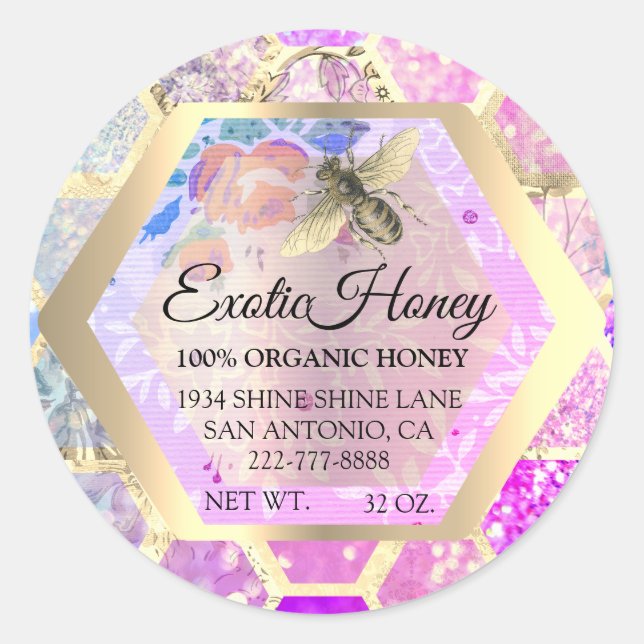 Adesivo Redondo Mel Jar Honeybee Honeycomb Glitter Rosa Apiary (Frente)