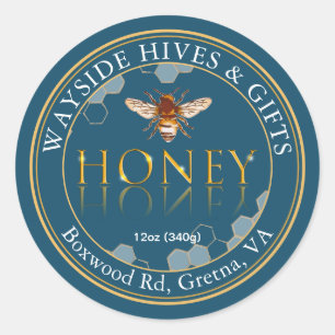 Adesivo Redondo Mel Label Bee and Honeycomb no Teal com Fronteira