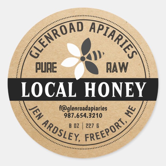 Adesivo Redondo Mel Moderno Estilizado Bee Kraft Black (Frente)