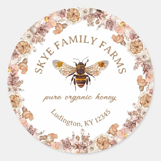 Adesivo Redondo Mel Orgânico Floral Aquarela de Abelhas (Frente)