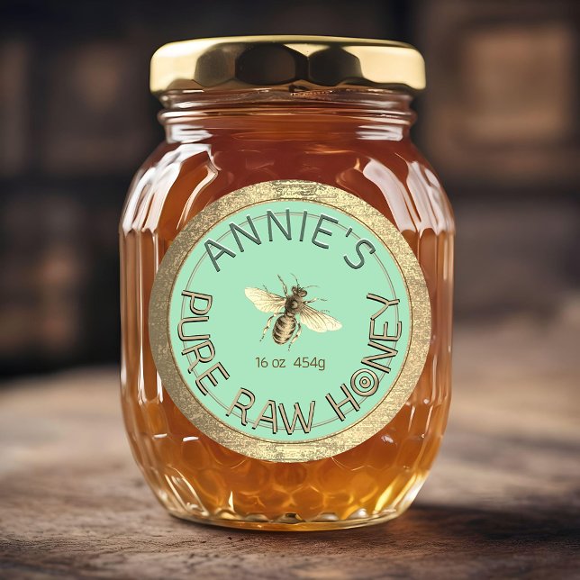 Adesivo Redondo Mel Pura e Pura Moderna Bebida Dourada Moldura Azu (Criador carregado)