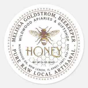 Adesivo Redondo Mel Rótulo Abelha em Honeycomb Metálico Dourado