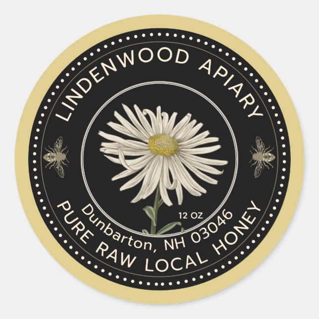 Adesivo Redondo Mel Rótulo Black Bee Daisy Beekeeper (Frente)