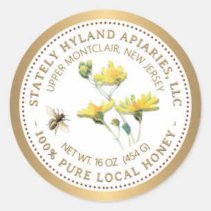 Adesivo Redondo Mel Rótulo Flor Amarelo Abelha e Borda Dourada