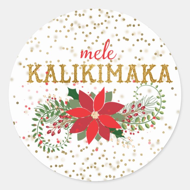 Adesivo Redondo Mele Kalikimaka Dourado Glitter Poinsettia (Frente)