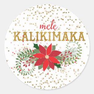 Adesivo Redondo Mele Kalikimaka Dourado Glitter Poinsettia