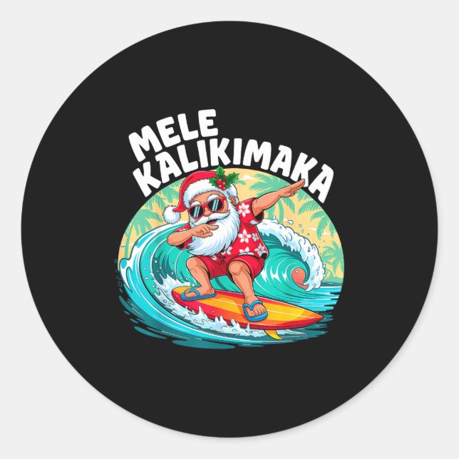 Adesivo Redondo Mele Kalikimaka Hawaiian Christmas Santa Surfing B (Frente)