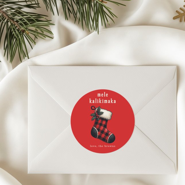 Adesivo Redondo Mele Kalikimaka Red & Black Plaid Stocking Holiday (Criador carregado)