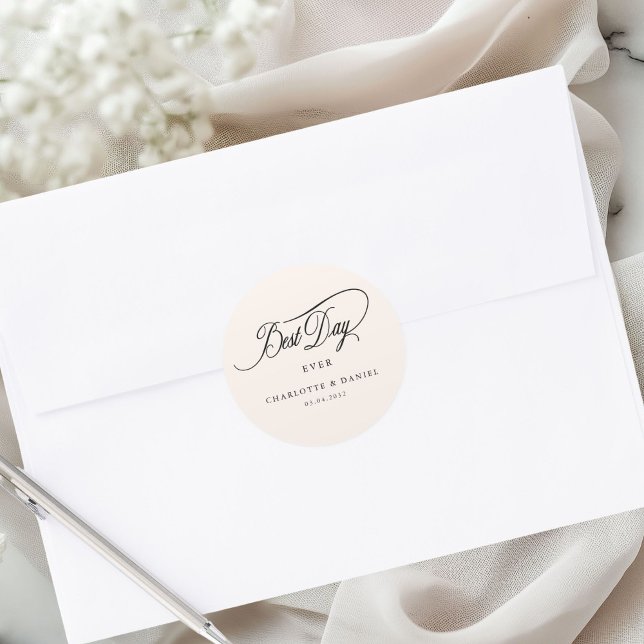Adesivo Redondo MELHOR DIA DE TODOS! Elegante, Casamento (Personalized BEST DAY EVER! Elegant, Wedding Classic Round Sticker)