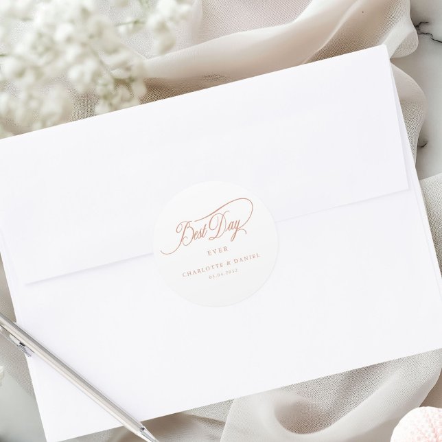 Adesivo Redondo MELHOR DIA DE TODOS! Elegante, Casamento (Personalized BEST DAY EVER! Elegant, Wedding Classic Round Sticker)
