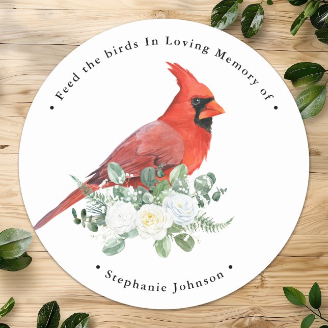 Adesivo Redondo Memorial Bird Seed Cardinal Floral Funeral Favor (Criador carregado)