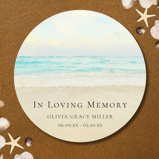 Adesivo Redondo Memorial ou Homenagem Funeral do Oceano de Praia (Beach Memorial Sticker Label)