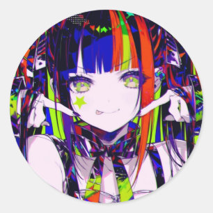 Adesivo Redondo Menina Anime Neon Glitchcore Estrela na Bochecha