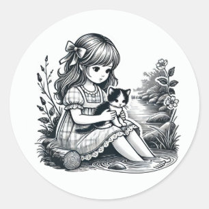 Adesivo Redondo Menina Antiga com Gatinho no Colo