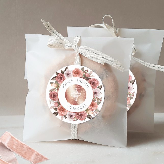 Adesivo Redondo Menina Batismo, Envelope Floral Rosa Dourado Selo/ (Criador carregado)