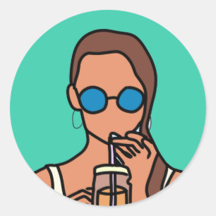 Adesivo Redondo Menina bebendo chá de bolhas moderno