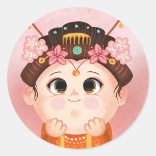 Adesivo Redondo Menina bonita em uma princesa chinesa, fantasia de