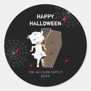 Adesivo Redondo Menina Bonita Mamã Coffin Halloween Família e An