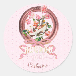 Adesivo Redondo Menina Clássica Rosa Rococó Rosas Laço Sapato Nome