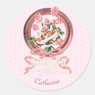 Adesivo Redondo Menina Clássica Rosa Rococó Rosas Laço Sapato Nome