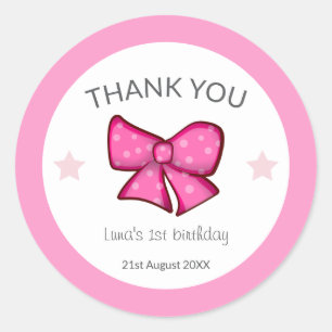 Adesivo Redondo Menina de 1º Aniversário Laço Rosa Obrigada
