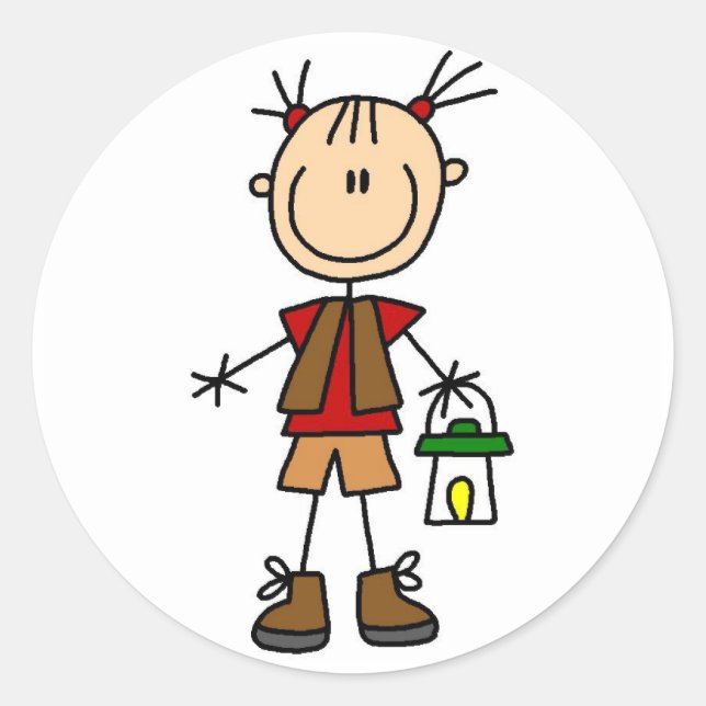 Adesivo Redondo Menina de acampamento com camiseta e presentes da (Frente)