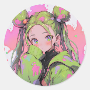 Adesivo Redondo Menina de animação do Kawaii Pastel Splatter