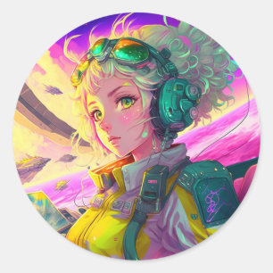 Adesivo Redondo Menina de animação do piloto bonito