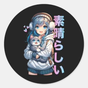 Adesivo Redondo Menina De Animo Bonita Com Um Gato Para O Prato Ka