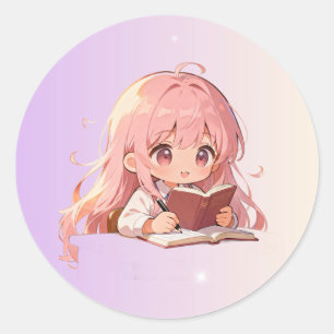 Adesivo Redondo Menina de desenho animado fofa escrevendo em um li