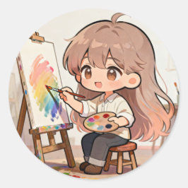 Adesivo Redondo Menina de Desenho Animado Fofo Pintura
