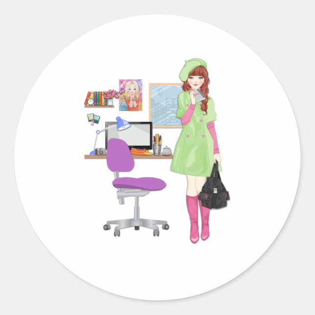 Adesivo Redondo Menina de influência da moda do blogueiro de tendê (Frente)