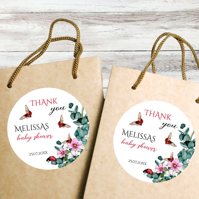Adesivo Redondo Menina de insetos, chá de fraldas (Lady bug little lady spring summer girls baby shower thank you favor sticker)