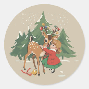 Adesivo Redondo Menina de Natal Retro e Rena Árvore Vintage 