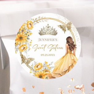 Adesivo Redondo Menina de Ouro Amarelo Princesa Tiara Floral Sweet