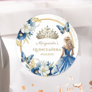 Adesivo Redondo Menina de Quince Anos Tiara Borboleta Floral Azul